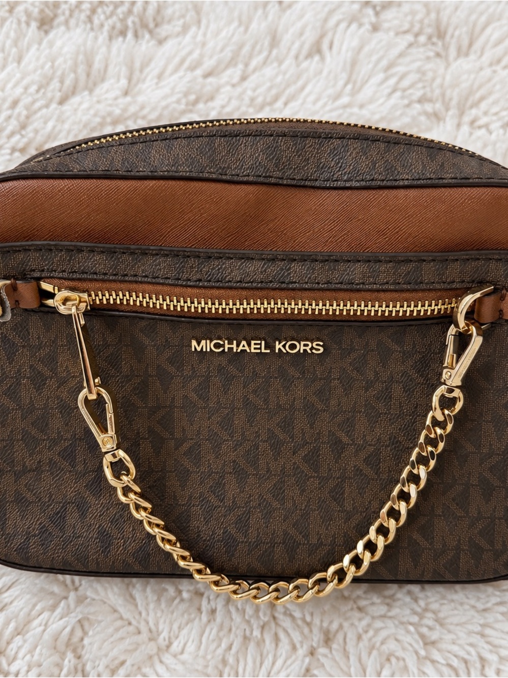 Michael Kors Brown MK Logo Belt Bag with Gold Chain Detail